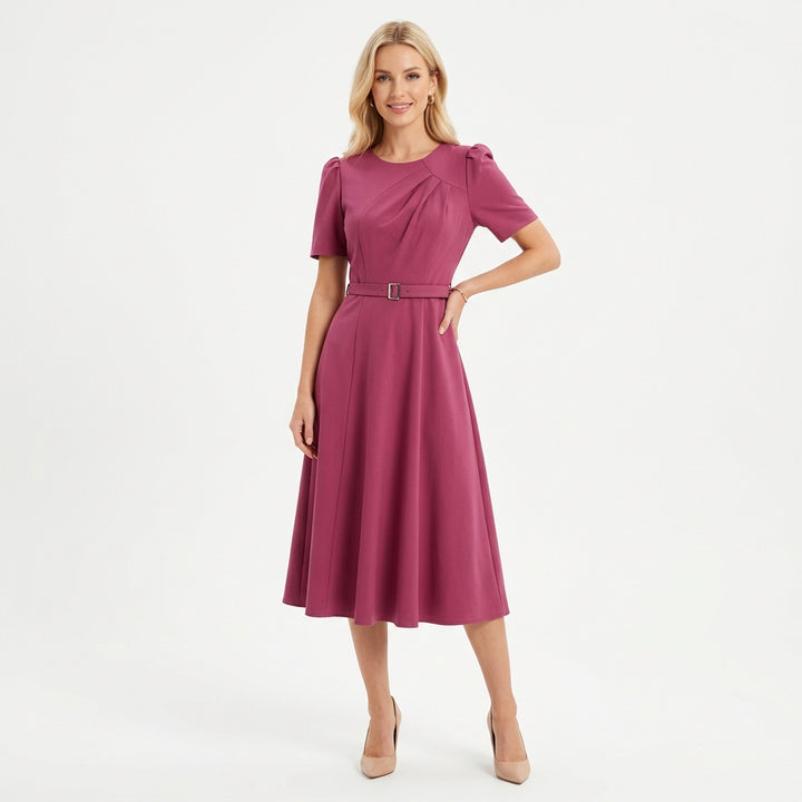 Women's Royal Midi Dress - Elegant Belted A-Line