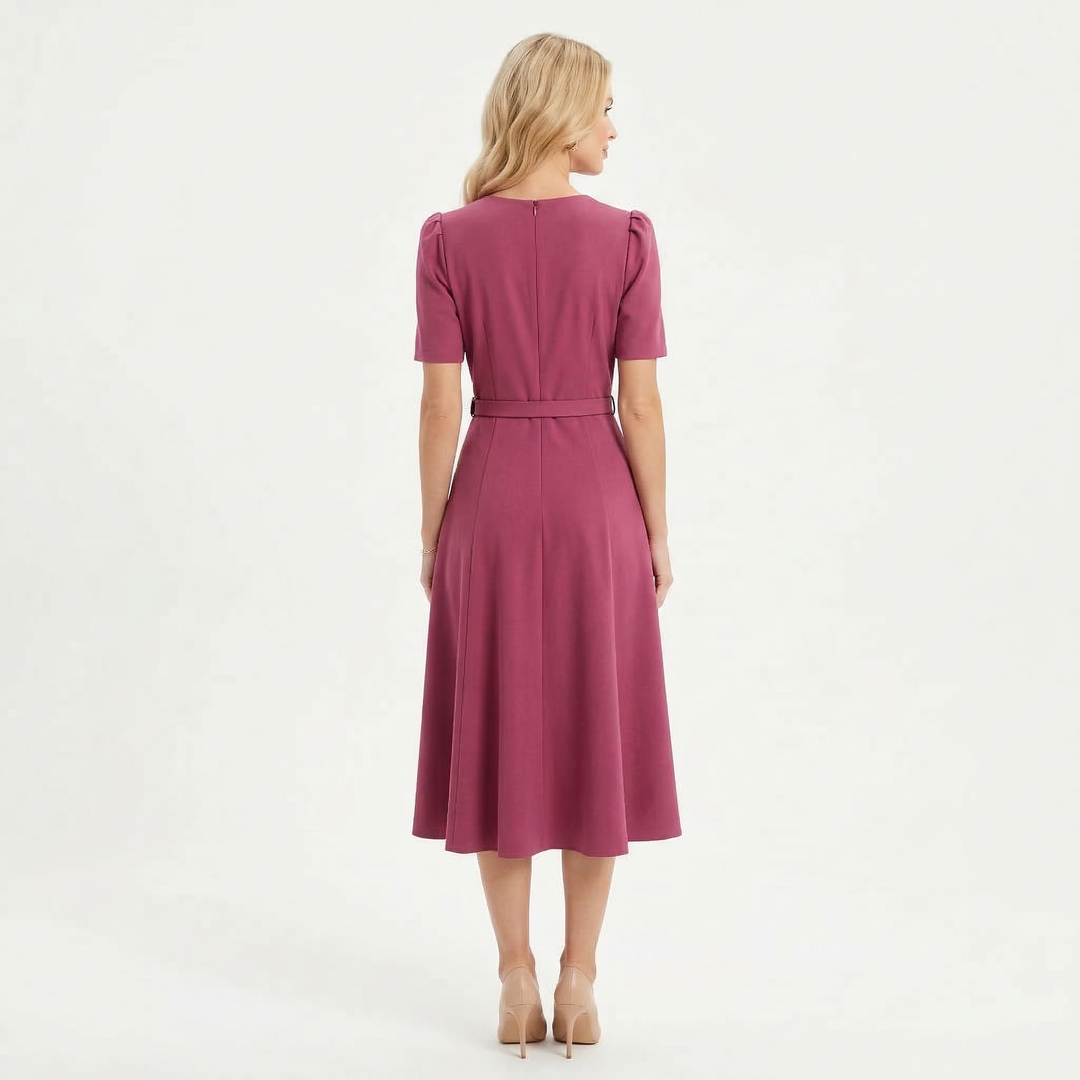 Women's Royal Midi Dress - Elegant Belted A-Line