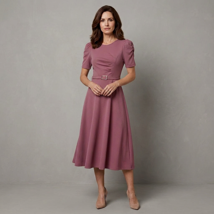 Women's Royal Midi Dress - Elegant Belted A-Line
