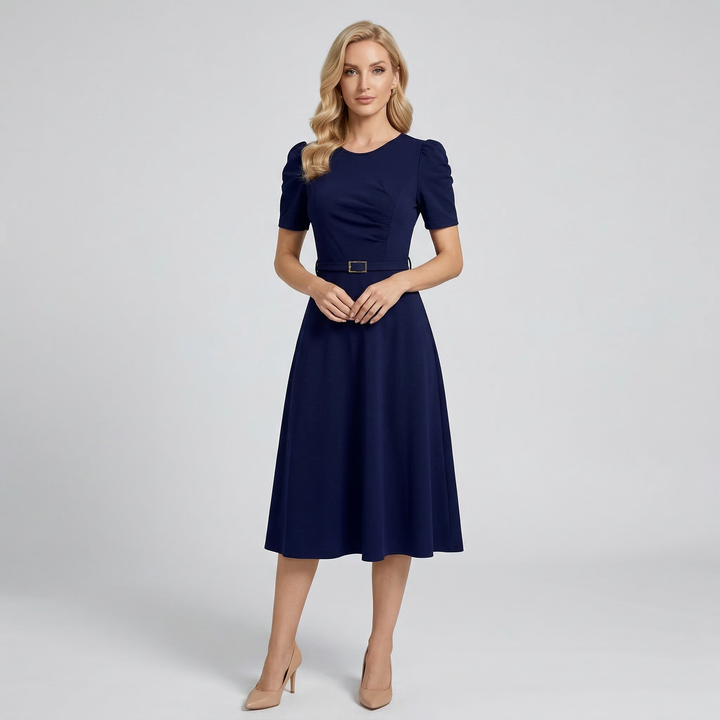 Women's Royal Midi Dress - Elegant Belted A-Line