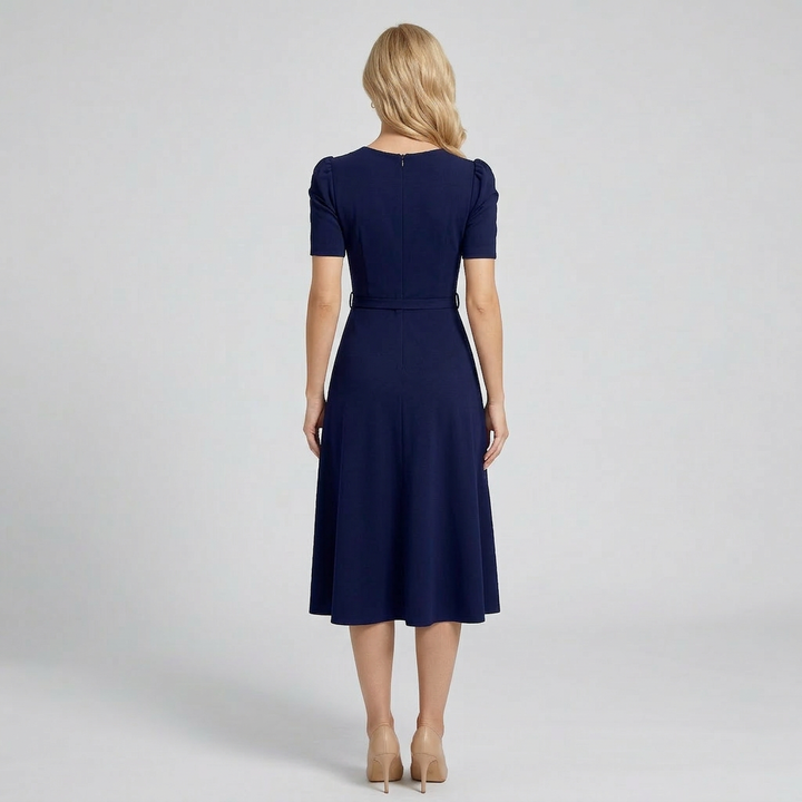 Women's Royal Midi Dress - Elegant Belted A-Line