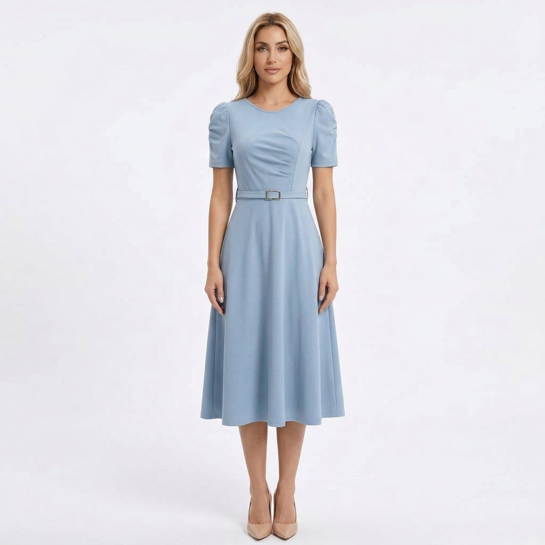 Women's Royal Midi Dress - Elegant Belted A-Line