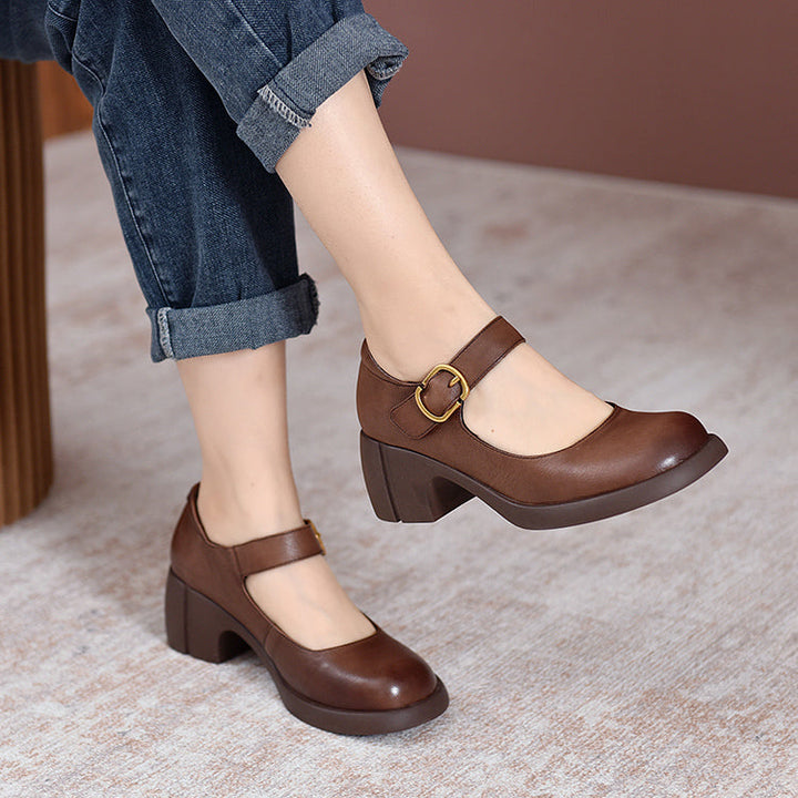 Leather Mary Jane Block Heel - Buckle Strap Round Toe Smart Casual