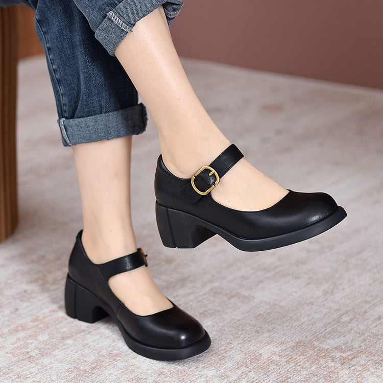 Leather Mary Jane Block Heel - Buckle Strap Round Toe Smart Casual