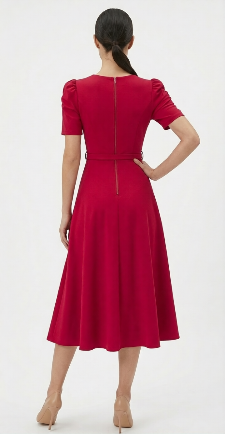 Women's Royal Midi Dress - Elegant Belted A-Line