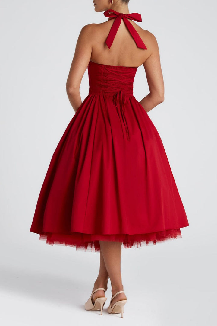 Women's Elegant Halter Midi Dress - Structured Occasion Style