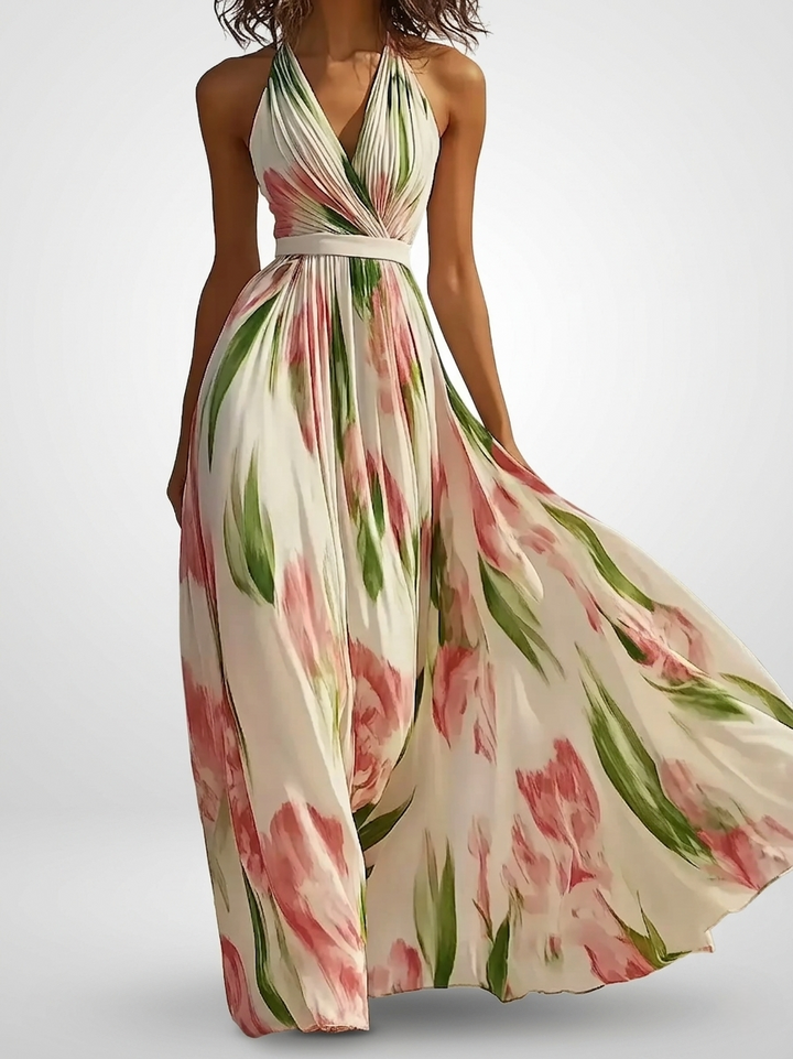 Women's Chiffon Halter Maxi Dress – Floral Watercolor Print