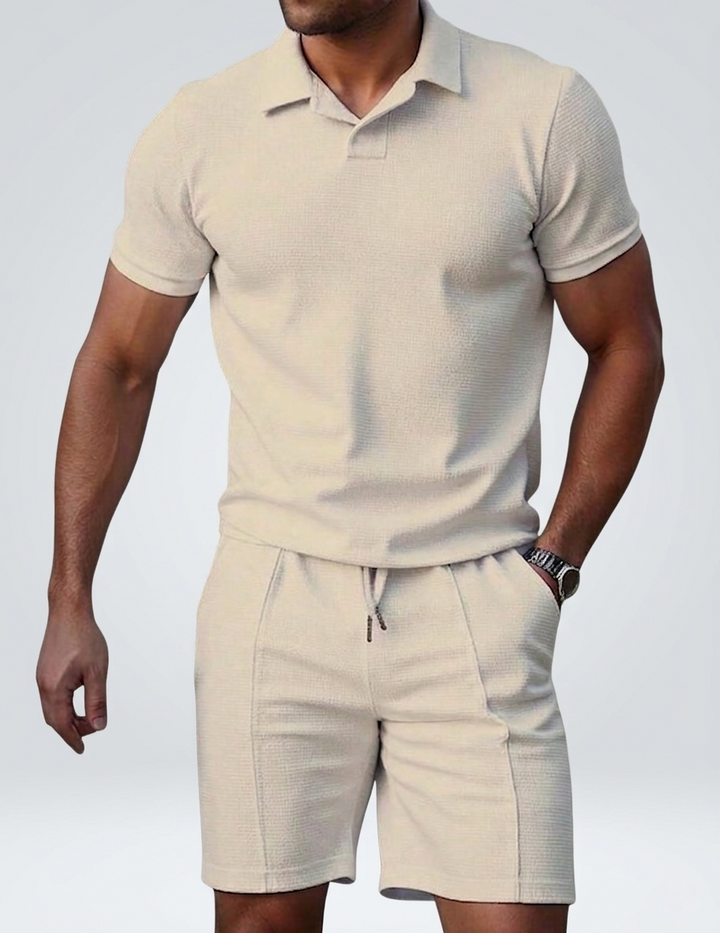 Men’s Textured Polo & Shorts Set - Slim Fit Breathable