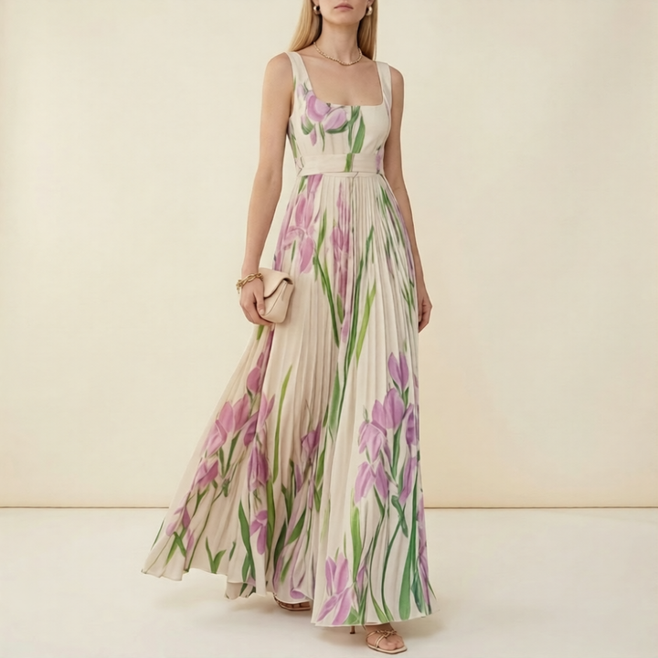 Chiffon Floral Pleated Maxi Dress - Square Neck Wedding Guest