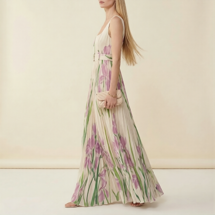 Chiffon Floral Pleated Maxi Dress - Square Neck Wedding Guest