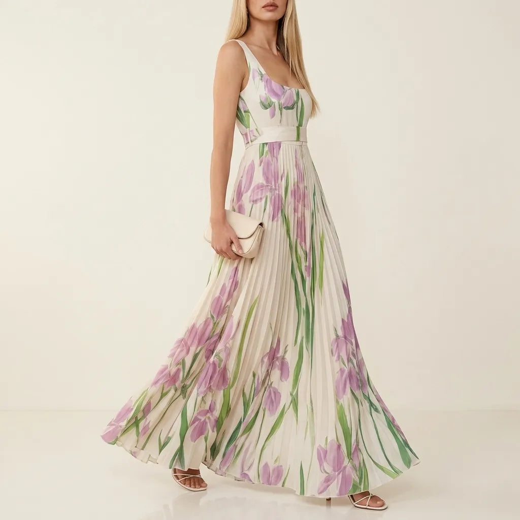 Chiffon Floral Pleated Maxi Dress - Square Neck Wedding Guest