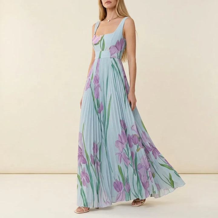 Chiffon Floral Pleated Maxi Dress - Square Neck Wedding Guest