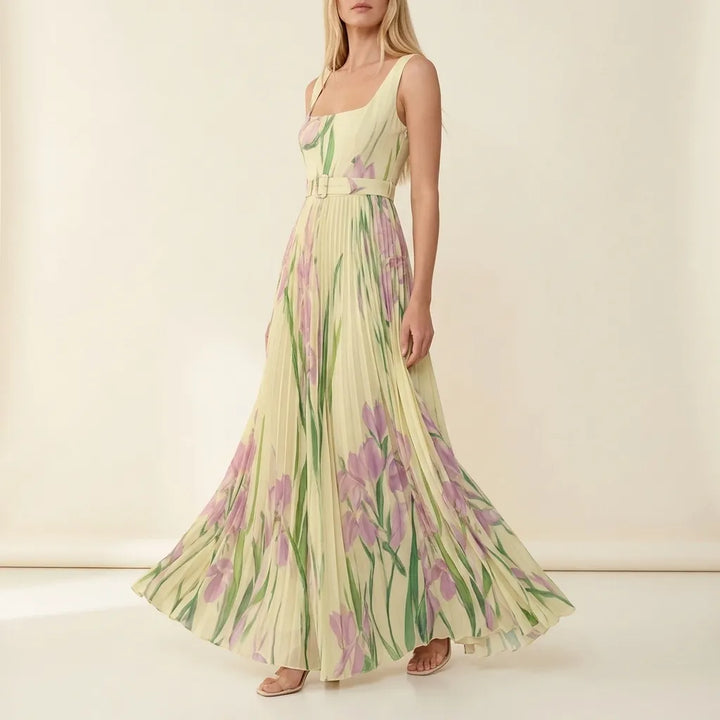 Chiffon Floral Pleated Maxi Dress - Square Neck Wedding Guest