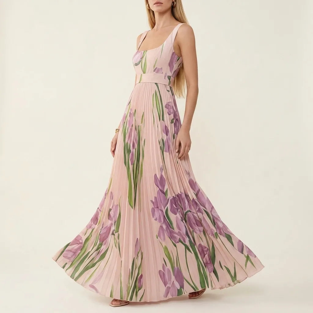 Chiffon Floral Pleated Maxi Dress - Square Neck Wedding Guest
