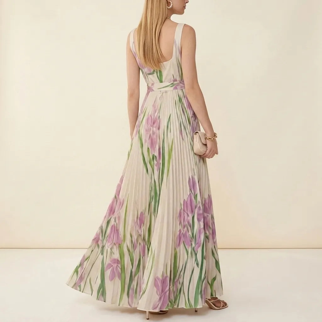 Chiffon Floral Pleated Maxi Dress - Square Neck Wedding Guest