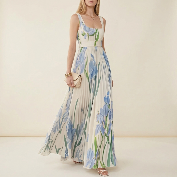 Chiffon Floral Pleated Maxi Dress - Square Neck Wedding Guest