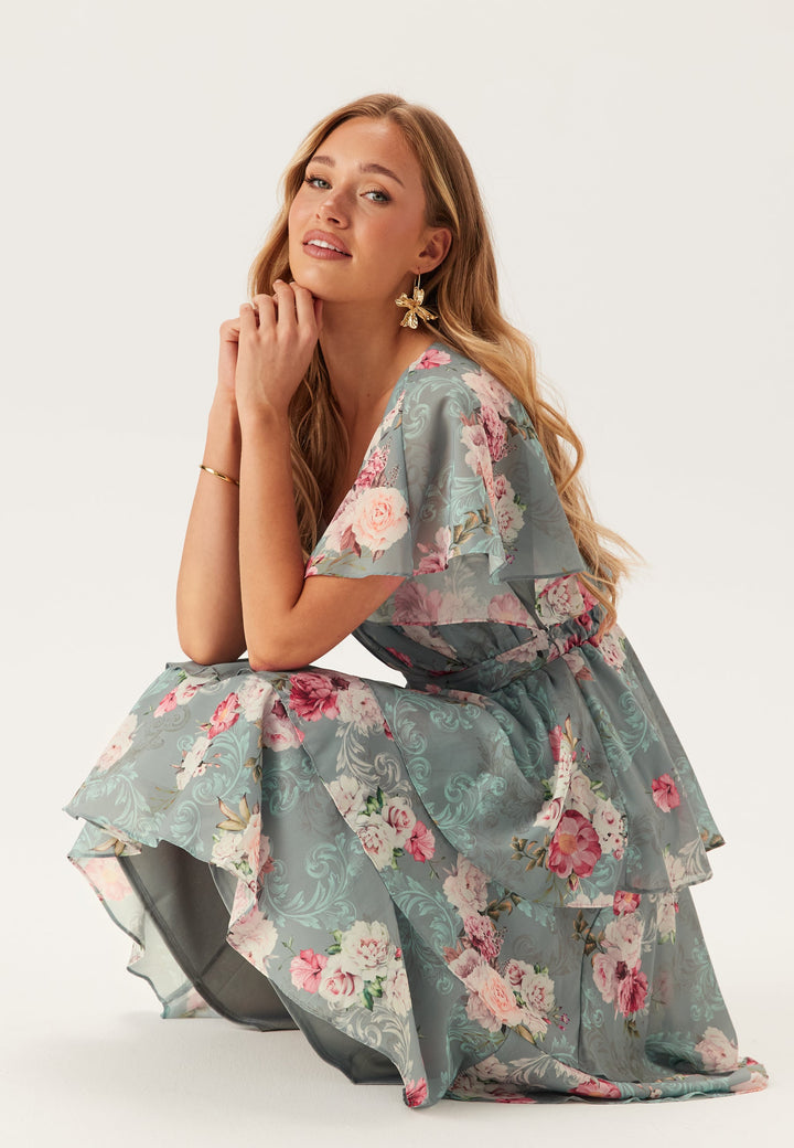 Floral Tiered Midi Dress - Wedding Guest Flutter Sleeve