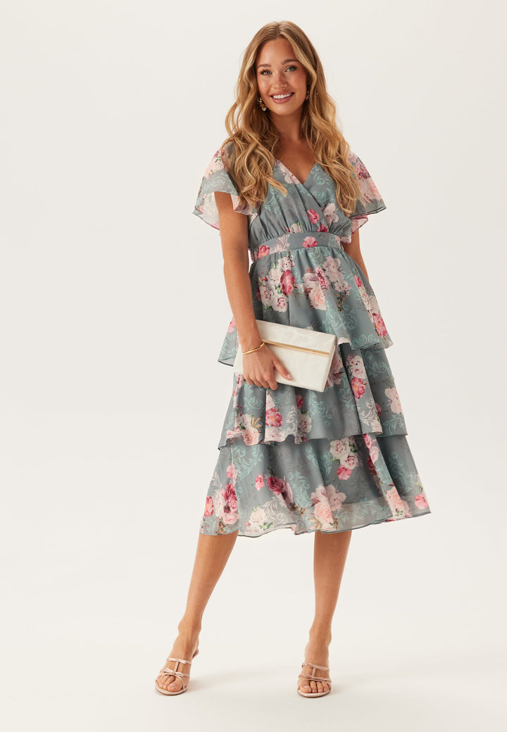 Floral Tiered Midi Dress - Wedding Guest Flutter Sleeve
