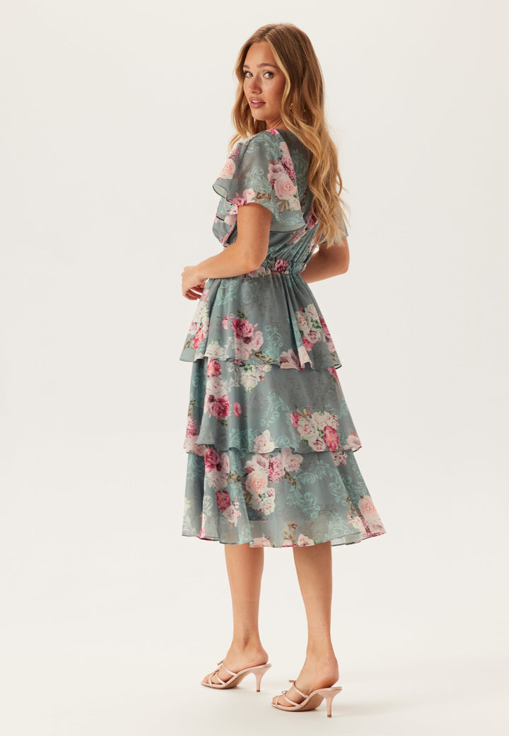 Floral Tiered Midi Dress - Wedding Guest Flutter Sleeve