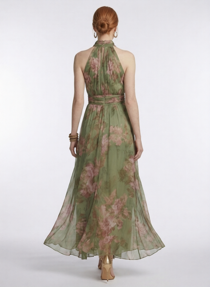 Chiffon Floral Maxi Dress Wedding Guest - Halter Lined