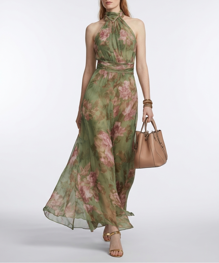 Chiffon Floral Maxi Dress Wedding Guest - Halter Lined