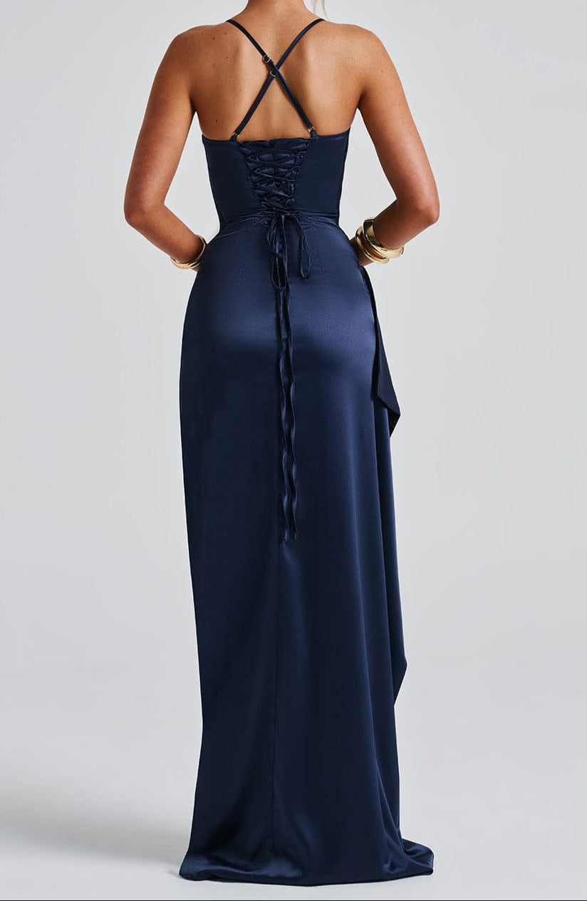 Satin Maxi Dress - One Shoulder Ruched Wedding Guest Thigh Split