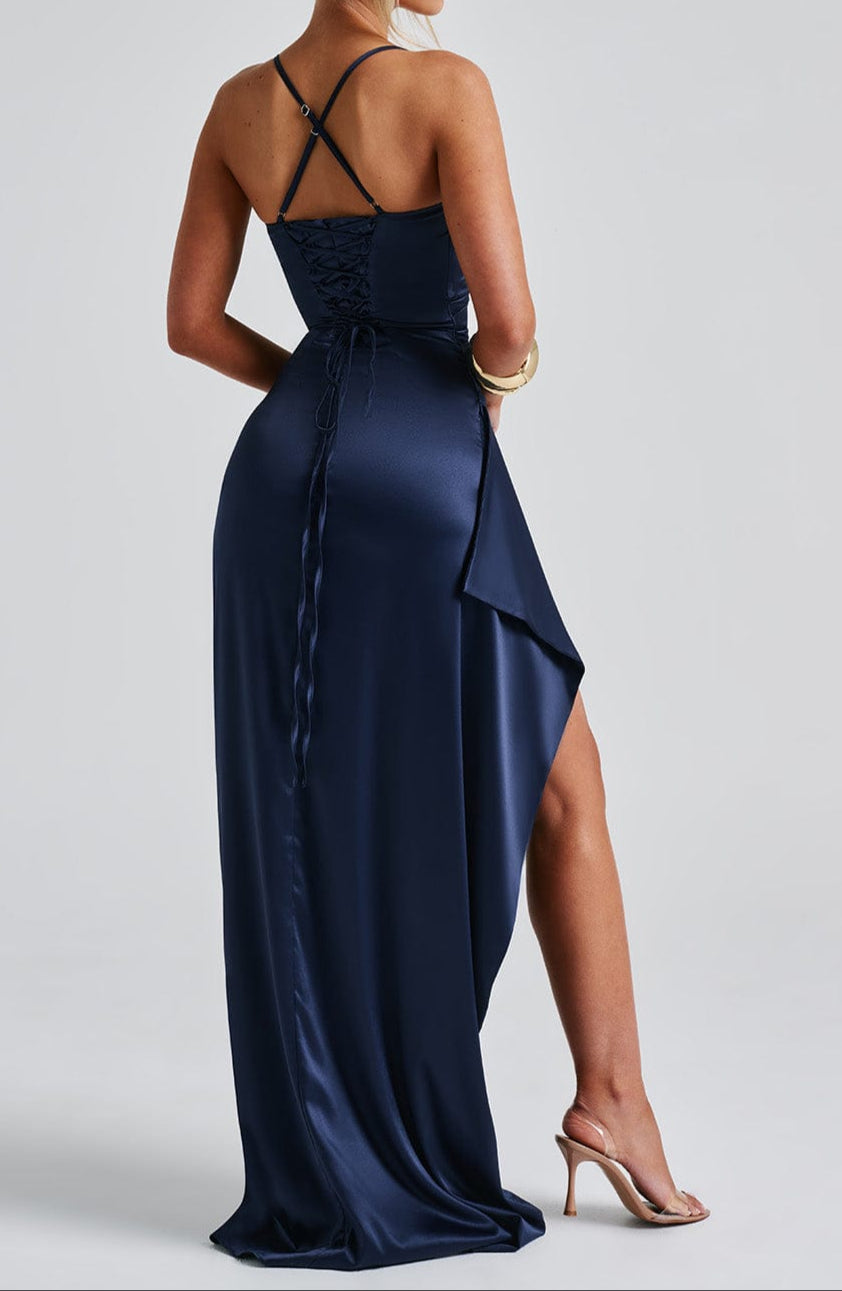 Satin Maxi Dress - One Shoulder Ruched Wedding Guest Thigh Split