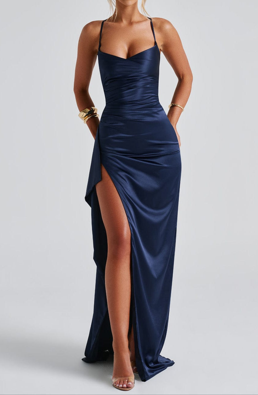 Satin Maxi Dress - One Shoulder Ruched Wedding Guest Thigh Split