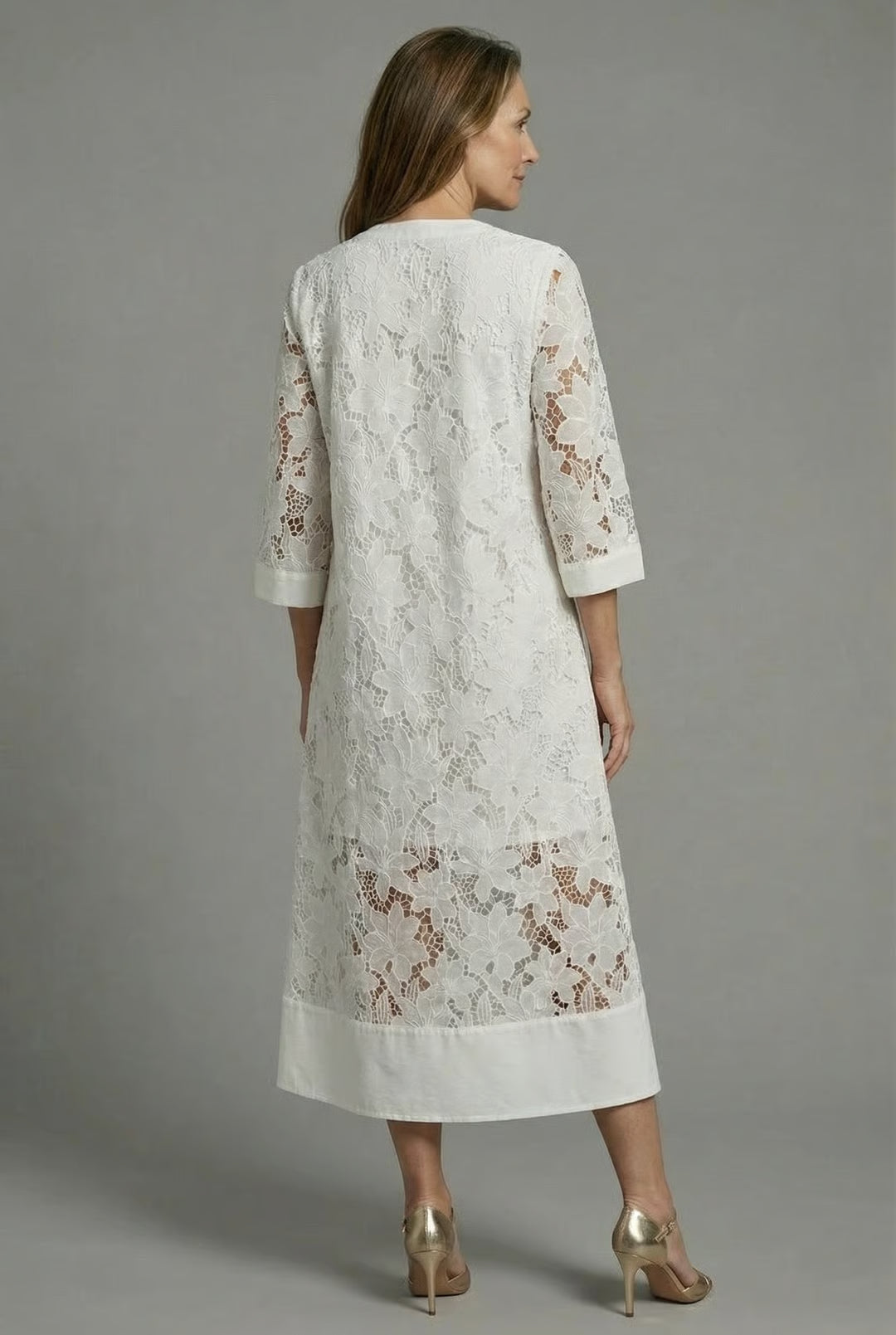 Lace Midi Dress - 3/4 Sleeve V-Neck Wedding Guest Garden Party