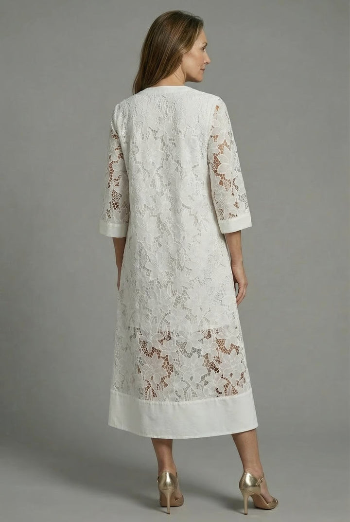 Lace Midi Dress - 3/4 Sleeve V-Neck Wedding Guest Garden Party