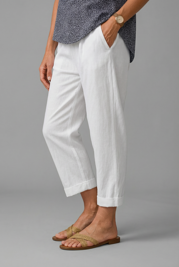 Linen Tapered Trousers - Cropped Turn-Up Holiday