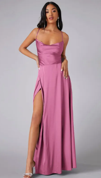 Satin Maxi Dress Wedding Guest - Cowl Neck Lace Up Back Slit