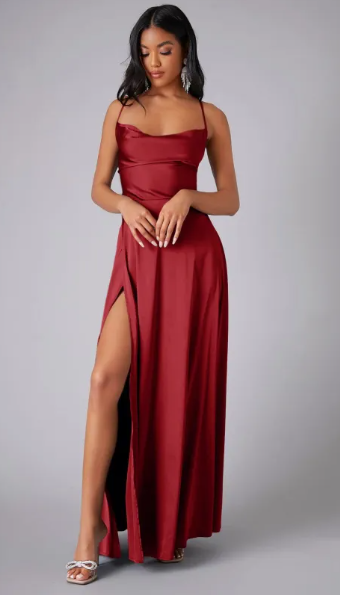 Satin Maxi Dress Wedding Guest - Cowl Neck Lace Up Back Slit