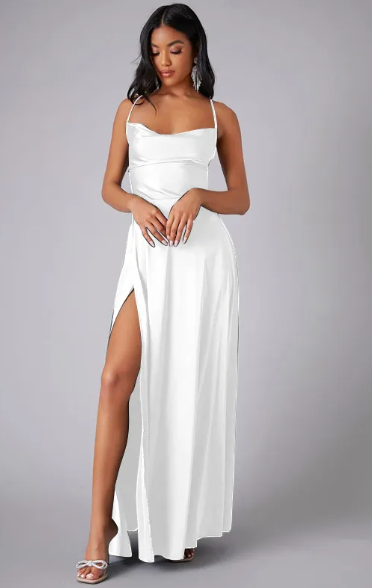 Satin Maxi Dress Wedding Guest - Cowl Neck Lace Up Back Slit