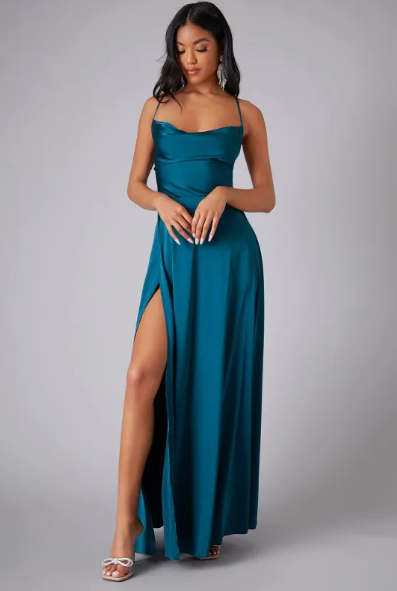 Satin Maxi Dress Wedding Guest - Cowl Neck Lace Up Back Slit