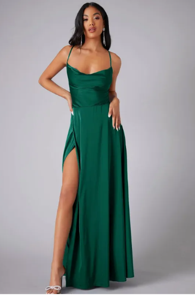 Satin Maxi Dress Wedding Guest - Cowl Neck Lace Up Back Slit