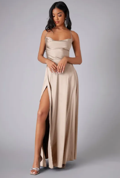 Satin Maxi Dress Wedding Guest - Cowl Neck Lace Up Back Slit