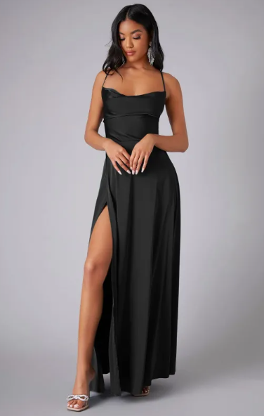 Satin Maxi Dress Wedding Guest - Cowl Neck Lace Up Back Slit