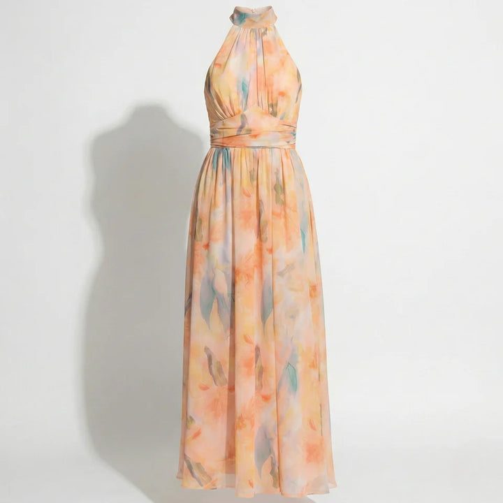 Chiffon Halter Maxi Dress - Watercolour Print Wedding Guest