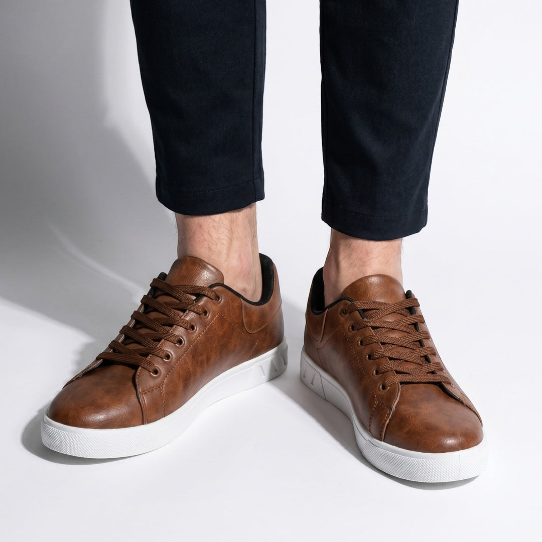 Men's Faux Leather Low Top Trainers - Smart Casual Lace Up