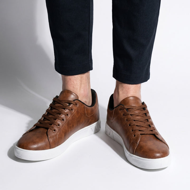 Men's Faux Leather Low Top Trainers - Smart Casual Lace Up