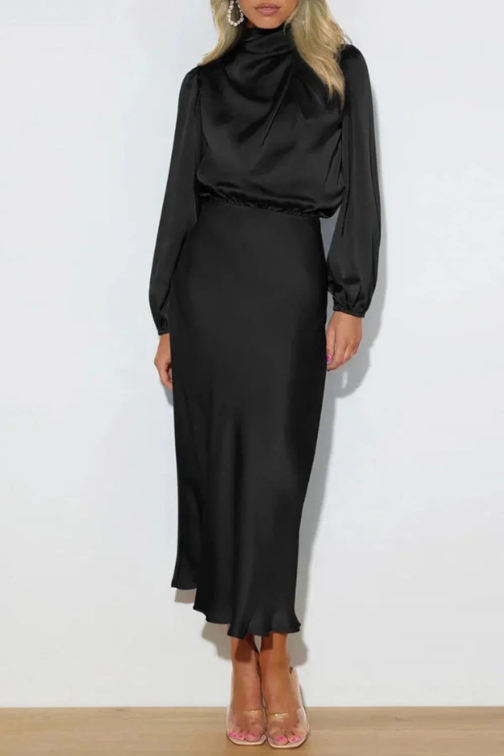 Satin Midi Dress Long Sleeve - Cowl Neck Wedding Guest