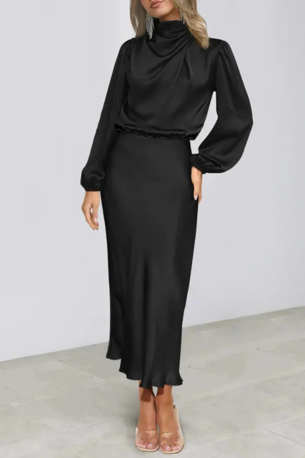 Satin Midi Dress Long Sleeve - Cowl Neck Wedding Guest