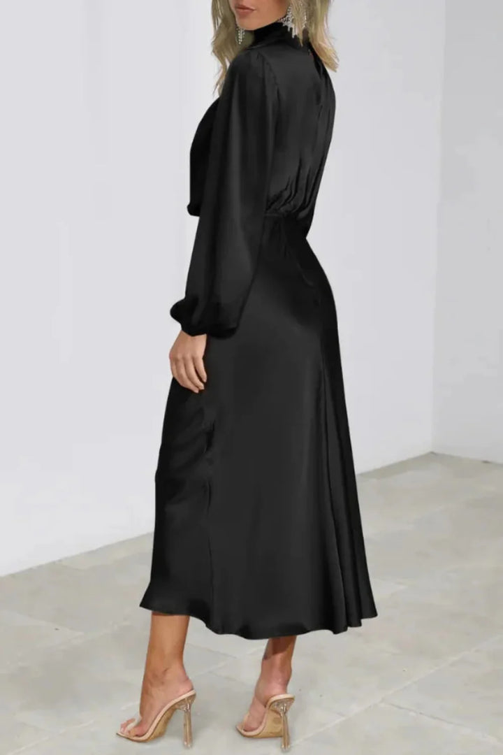 Satin Midi Dress Long Sleeve - Cowl Neck Wedding Guest