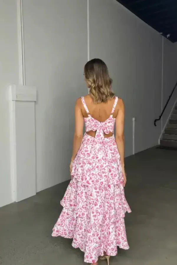 Women's Pink Floral Wedding Guest Maxi Dress – Tiered Corset