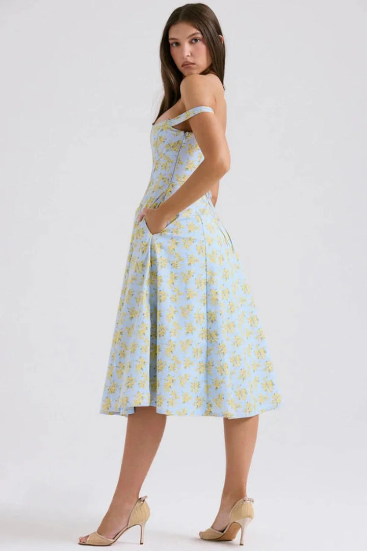 Women's Sage Floral Wedding Guest Dress – Linen Corset Midi