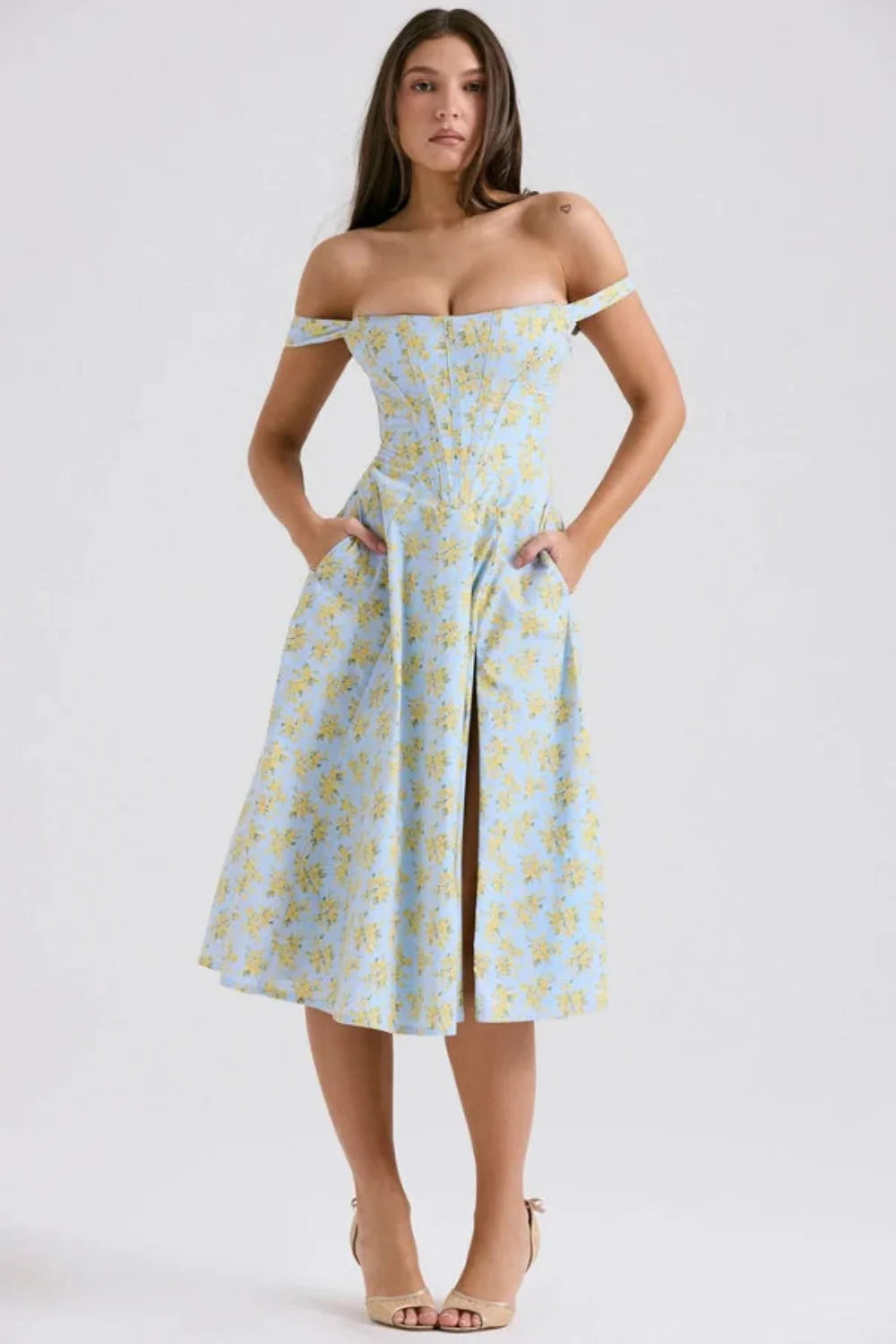 Women's Sage Floral Wedding Guest Dress – Linen Corset Midi
