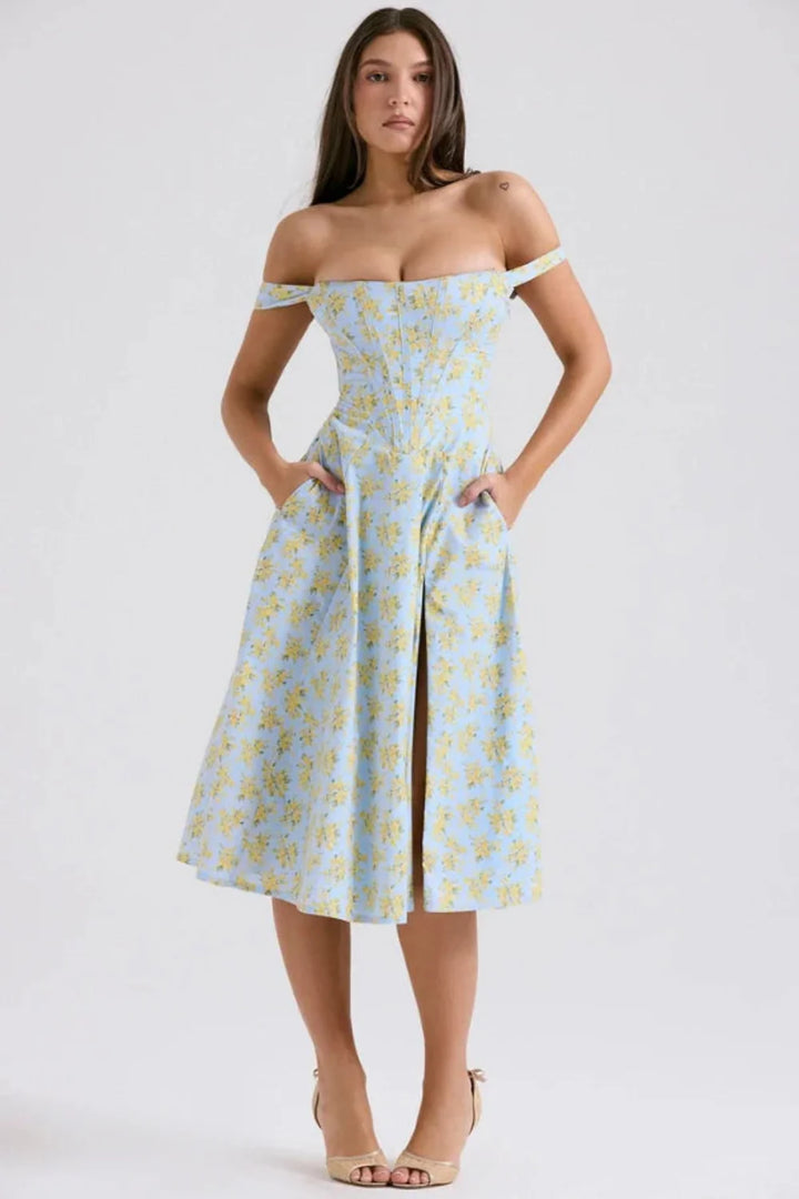 Women's Sage Floral Wedding Guest Dress – Linen Corset Midi