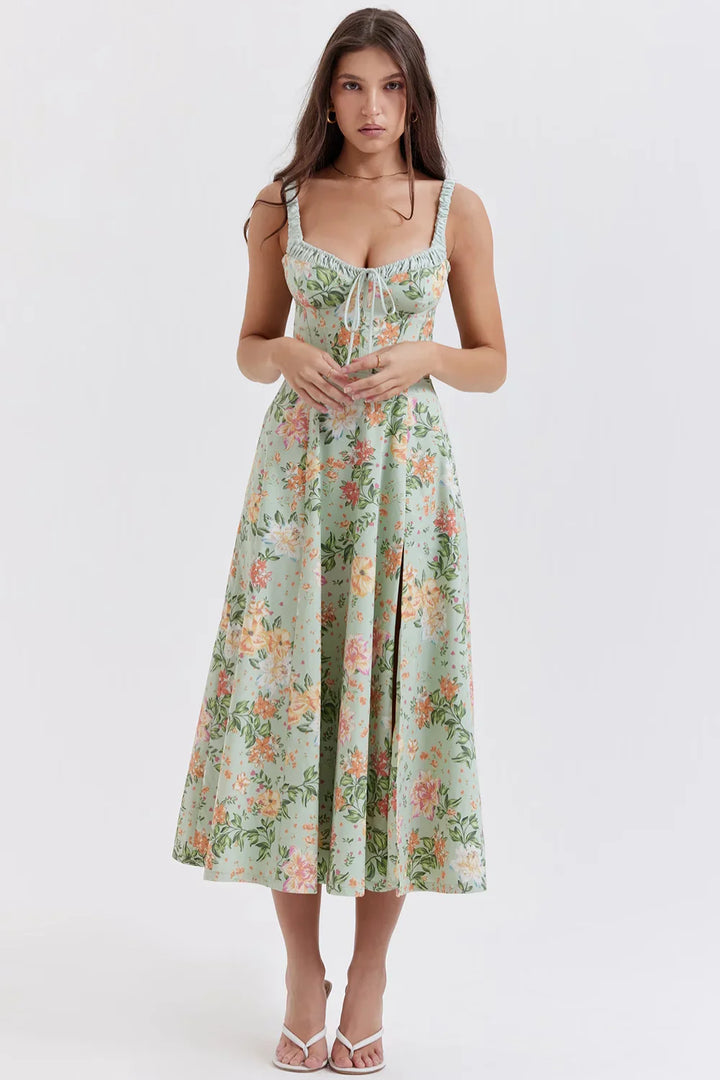 Women's Sage Floral Wedding Guest Dress – Linen Corset Midi