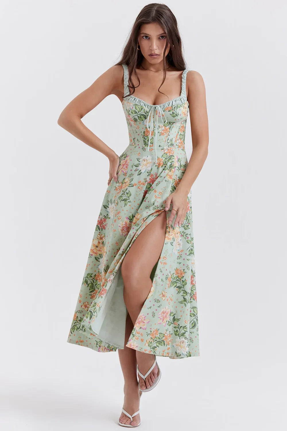 Women's Sage Floral Wedding Guest Dress – Linen Corset Midi